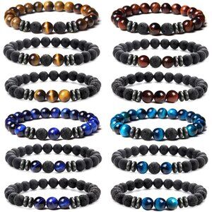 12Pcs Natural Stone Lava Rock Beaded Bracelets for Men and Women, 8mm, Stretchy,